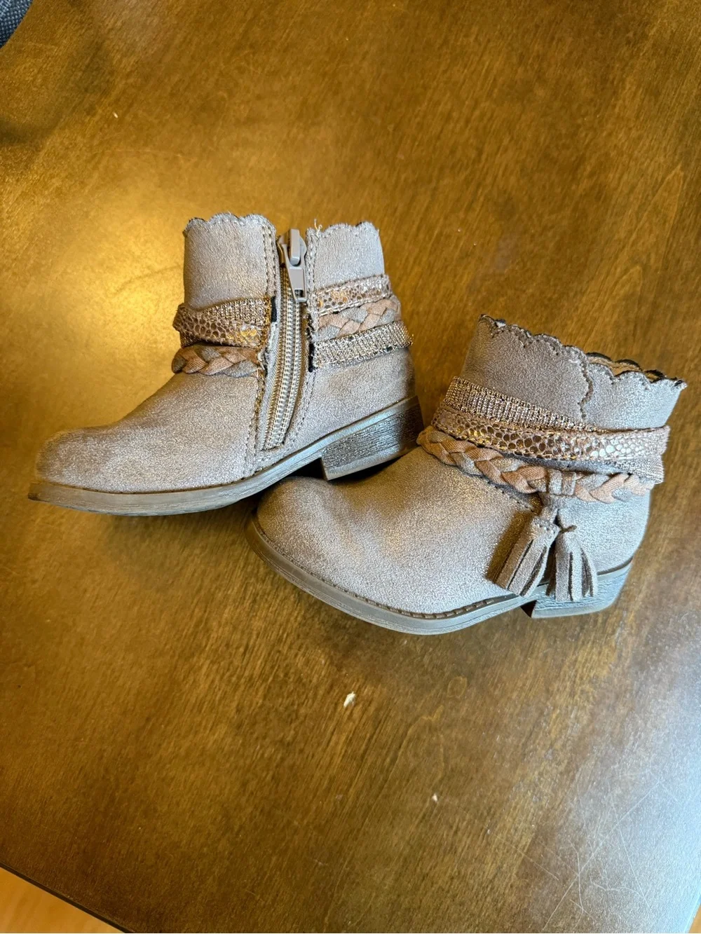 Crown Vintage Taupe Faux Suede Kids Ankle Boots with Braided Tassel Detail